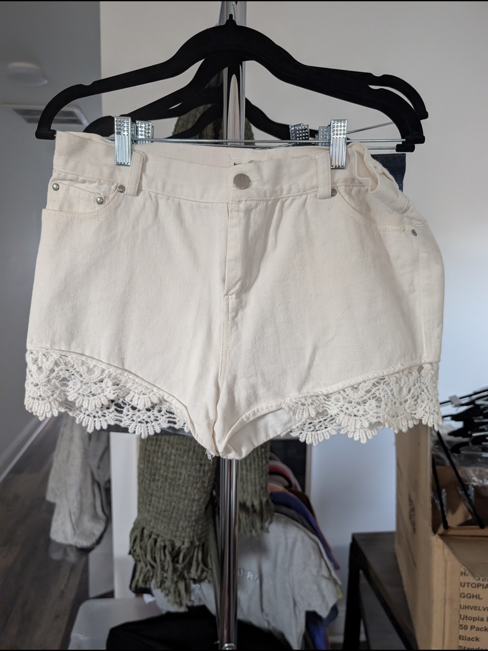 Cotton Candy Cream Crochet-Trim Denim Shorts